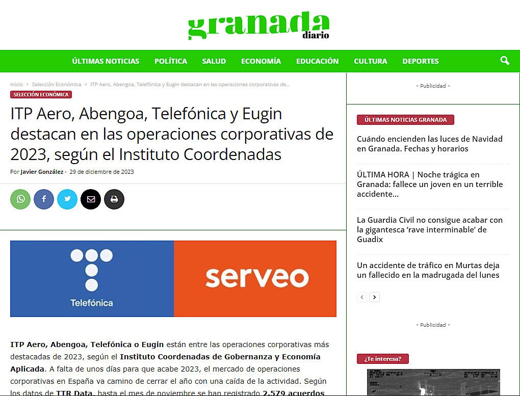 ITP Aero, Abengoa, Telefnica y Eugin destacan en las operaciones corporativas de 2023, segn el Instituto Coordenadas